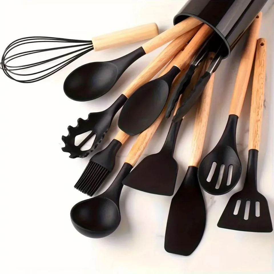 Silicone Cooking Utensils Set Heat Resistant BPA-Free Kitchen Utensil Set with Wooden Handle for Nonstick Cookware Best Choice 2026