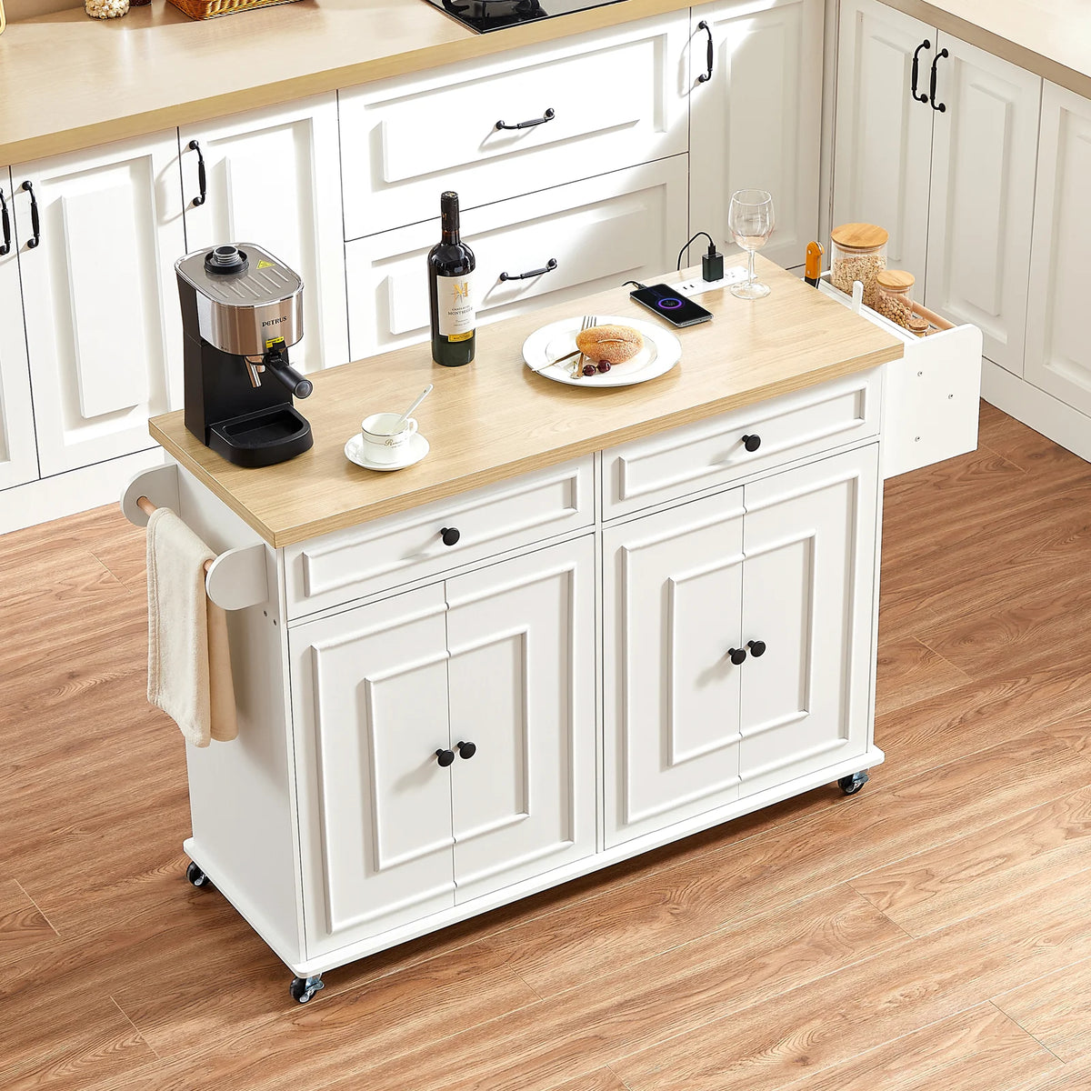 Wooden Rolling Kitchen Island Cart With Drop Leaf Storage Rack