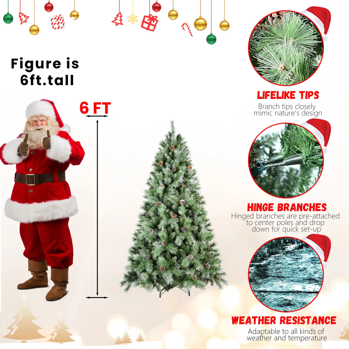 Artificial Christmas Tree Realistic Pine Cones Heavy Duty Metal Stand
