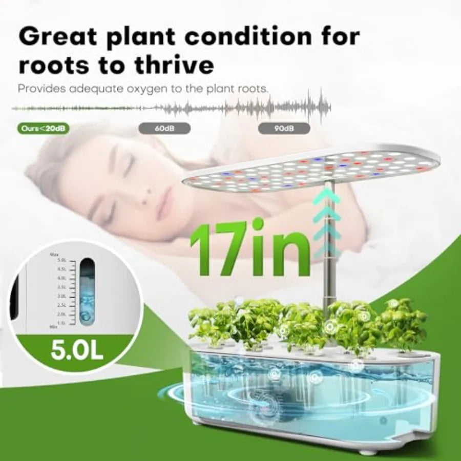 Indoor hydroponics growing system kit for herbs and lettuce, white plastic with LCD touch panel, 12-pod capacity, 17-inch max p