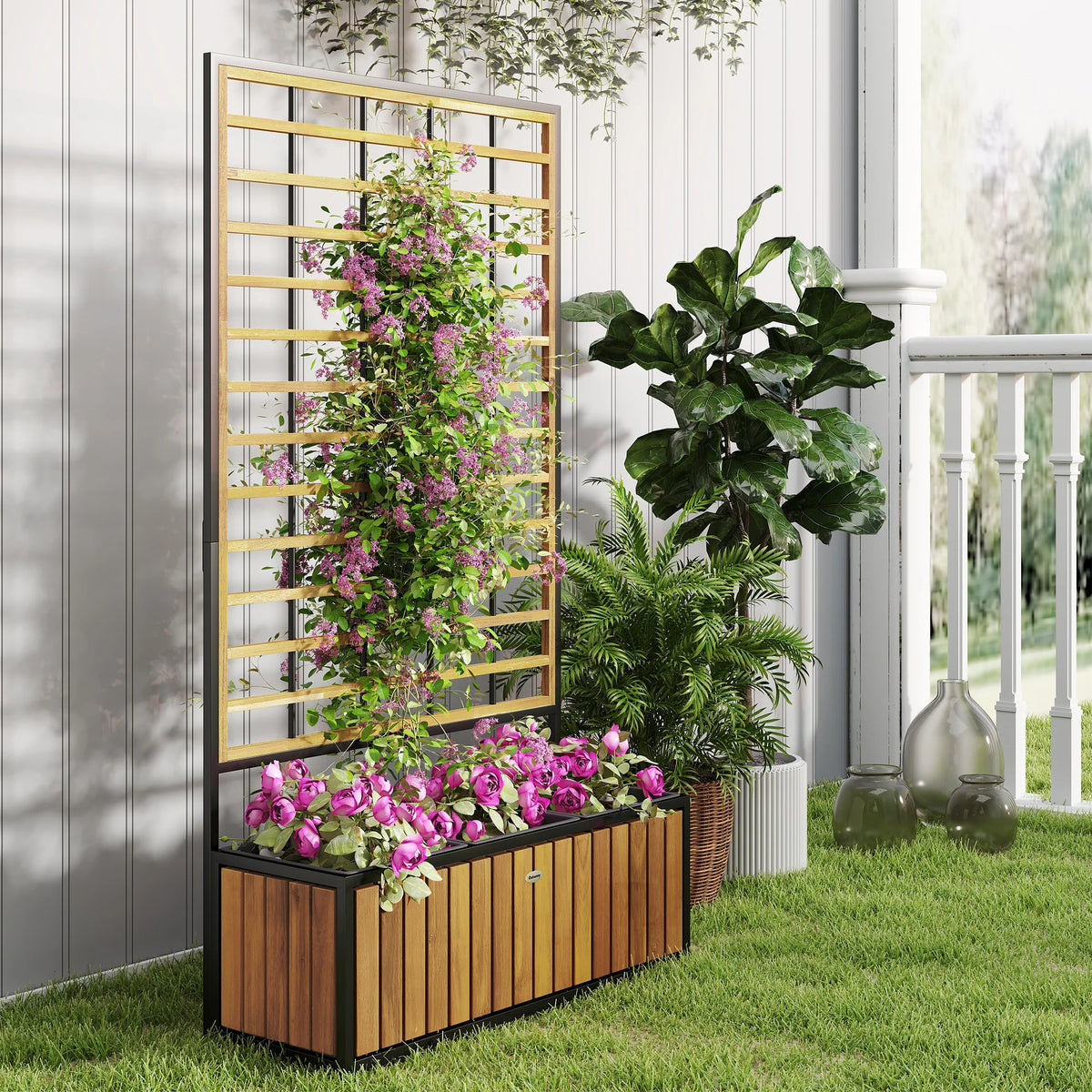 Raised Garden Bed, Planter Box with Trellis, Removable Pots, Teak