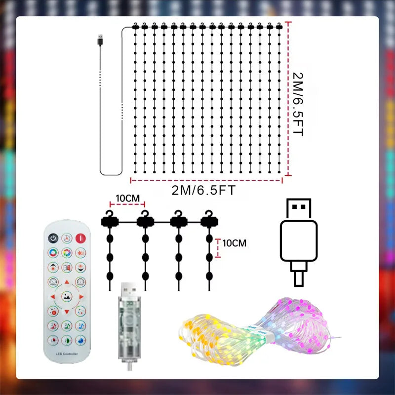 Smart RGBIC Curtain Lights APP Control Music Sync DIY Patterns Timer LED String Lights for Christmas Bedroom Party Decor