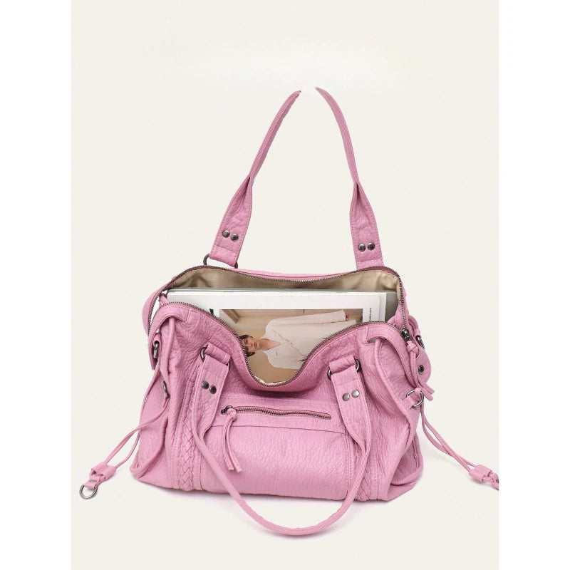 Women Casual Street Style PU Leather Tote Bag Zipper Pockets Braid Decor Fits 13 Inch Laptop Large Capacity