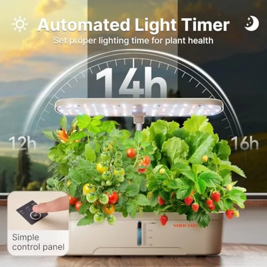 Hydroponics Growing System Kit 12 Pods for Indoor Herb Garden, Beige ABS Plastic with 20W LED Grow Light, Visible Water Tank Pu