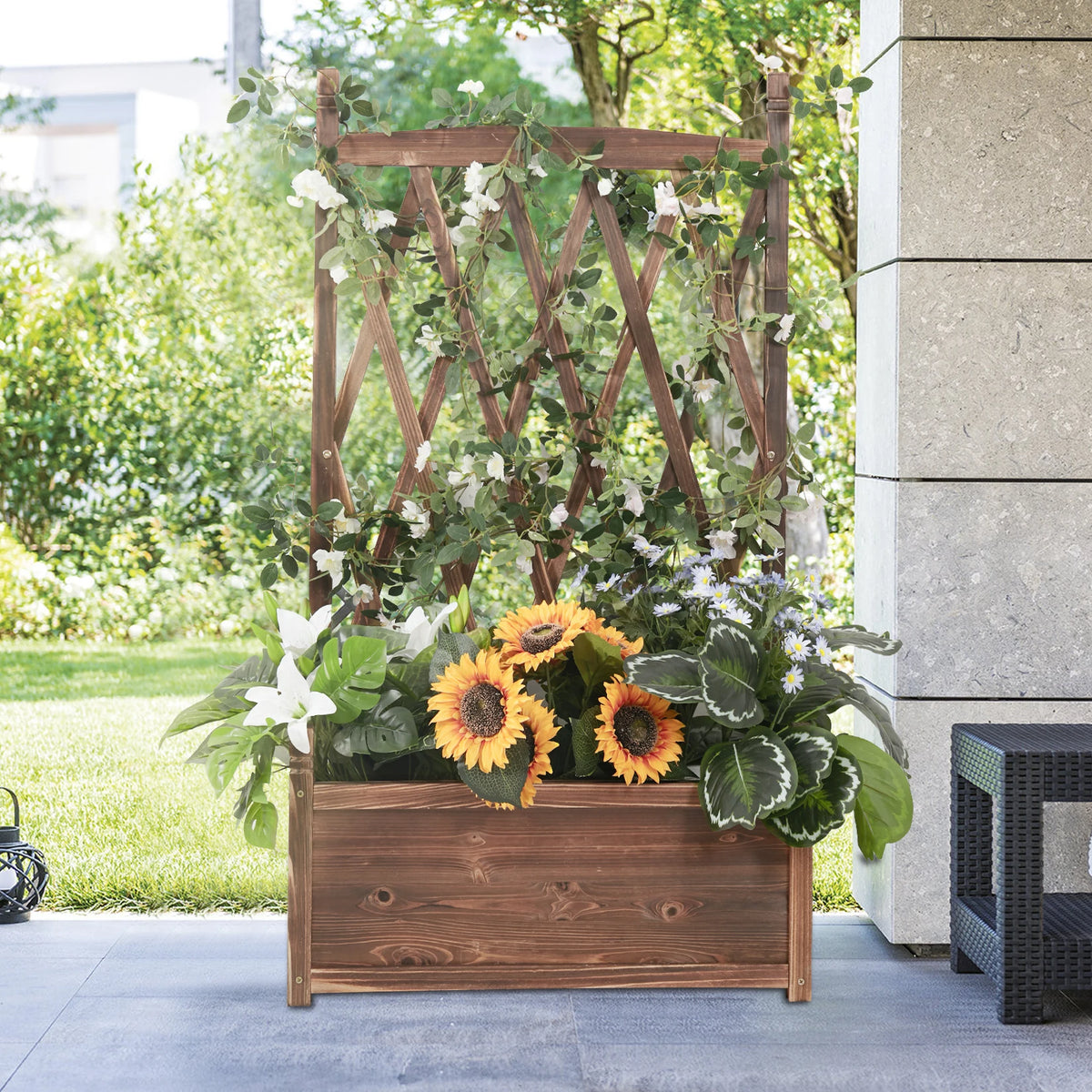 Raised Garden Bed Elevated Wood Planter Box with Trellis for Growing Fresh Herbs Flowers