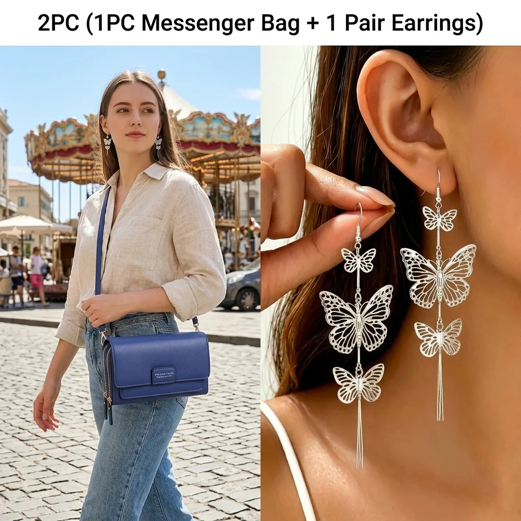 2PC(1PC Messenger Bag+1 Pair Earrings )Women's Small Shoulder Crossbody Bag and Elegant Long Drop Earrings,Hollow Butterfly Tassel Earrings,Bohemian Style, Mobile Phone Card Wallet Bag,Casual Handbag for Party Birthday,Daily
