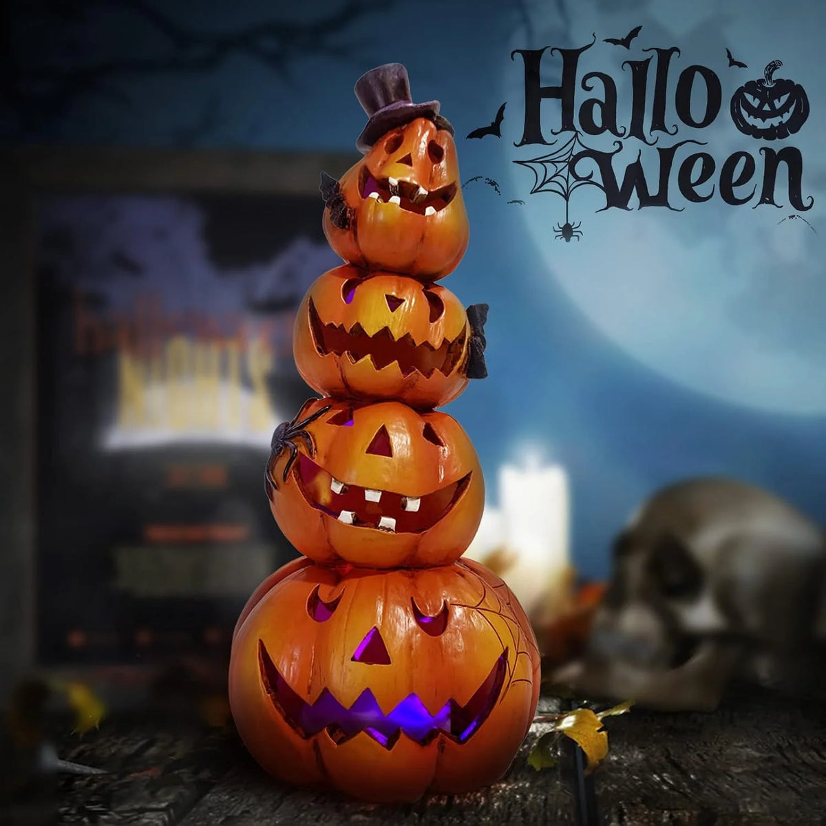 Hodao Resin Halloween Light-Up Stacked Pumpkin Figurine, 4-Tier Jack-O-Lantern Tower with Black Top Hat, Bats, Spider and Web, Glowing Hand-Painted Tabletop Decor for Mantel, Shelf, Fireplace, Entryway, Spooky Party and Haunt