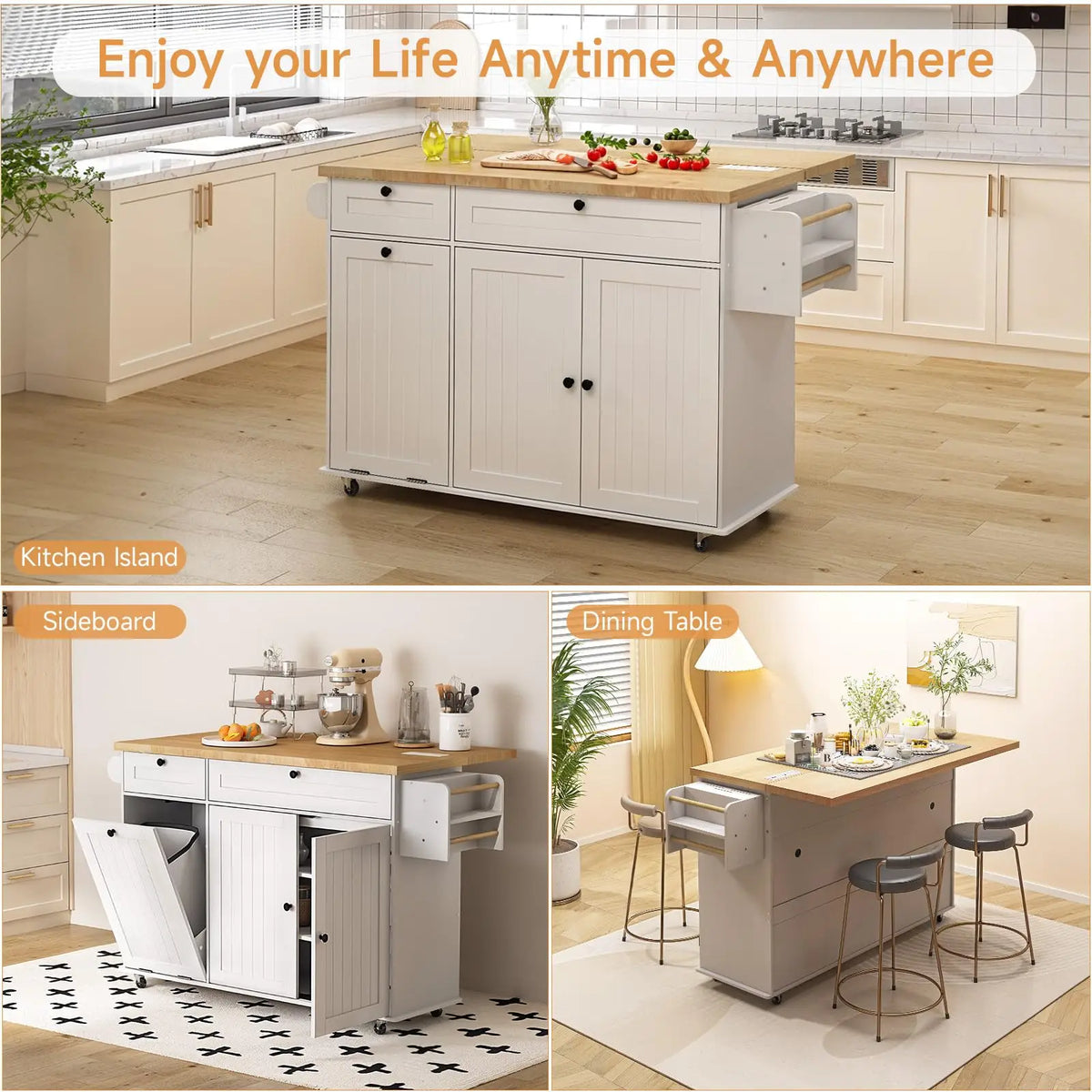 Onbrill Rolling Kitchen Island With Power Outlet And Spice Rack