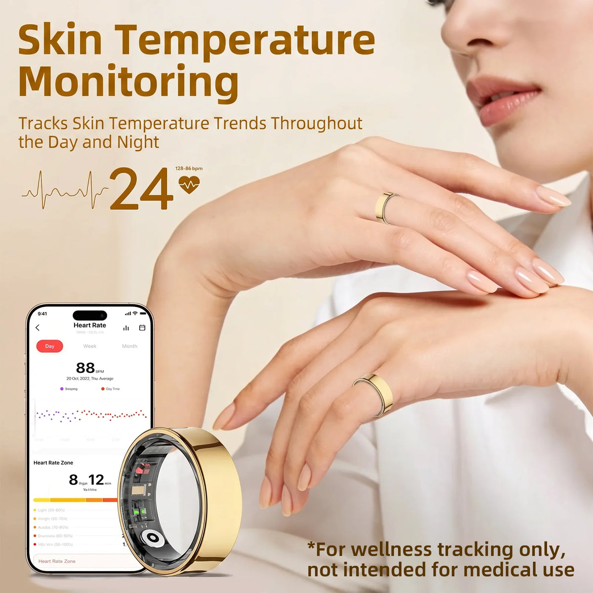 Smart Health Ring Body Temp Heart Rate Blood Oxygen Sleep Monitor 5ATM Waterproof Bluetooth 5.2 with Charging Case QRing APP