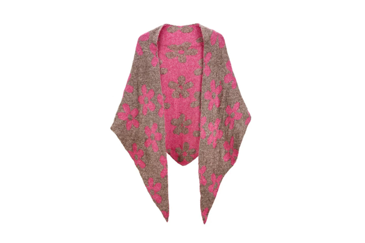 Women Brown Pink Floral Print Shawl Wrap Open Front Polyester Poncho Cape Elegant Fall Winter Fashion Outerwear Scarf for Ladies