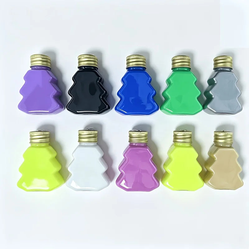 10‑Color 50ml/1.69oz Fluid Acrylic Paint Set, 4 Standard +2 Neon +2 Metallic +2 Glow‑in‑Dark. Colors: Black, White, Violet, Rose Red, Neon Blue, Neon Yellow, Gold, Silver, Glow Green, Glow Yellow. 4 novelty shaped bottl