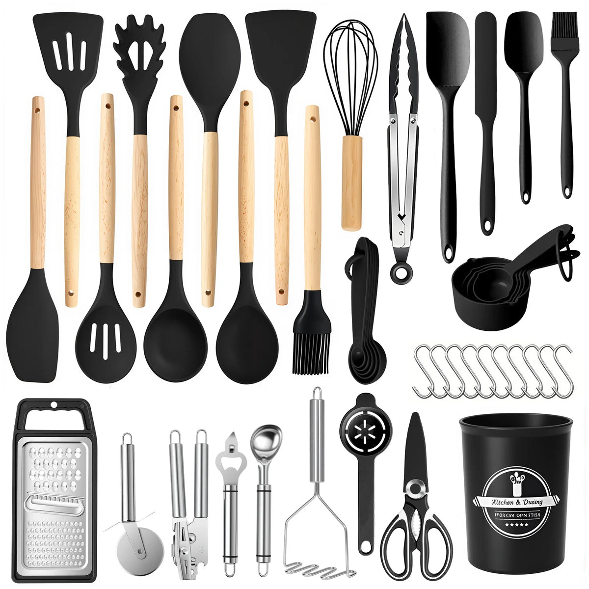 Silicone Wooden Handle 44-Piece Non-Stick Kitchen Utensil Set Food-Grade Heat-Resistant Cookware Set for Kitchen & Baking