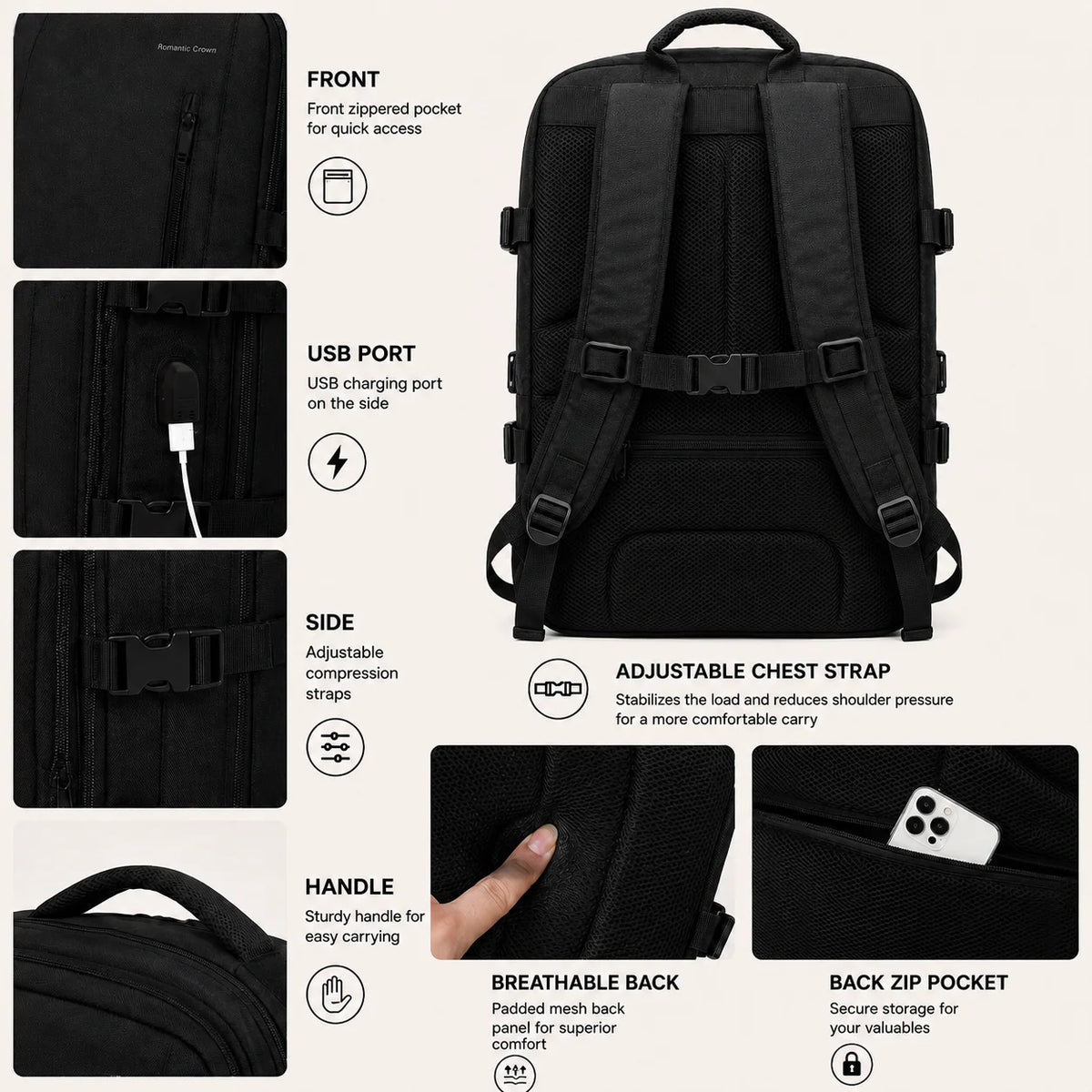 Black Romantic Crown Expandable Rucksack for Women,17.3 Inch Laptop Travel Carry‑On Backpack With USB Port Anti‑Theft Water‑Repellent Weekender Business Bag