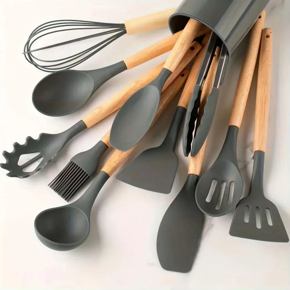 Silicone Cooking Utensils Set Heat Resistant BPA-Free Kitchen Utensil Set with Wooden Handle for Nonstick Cookware Best Choice 2026