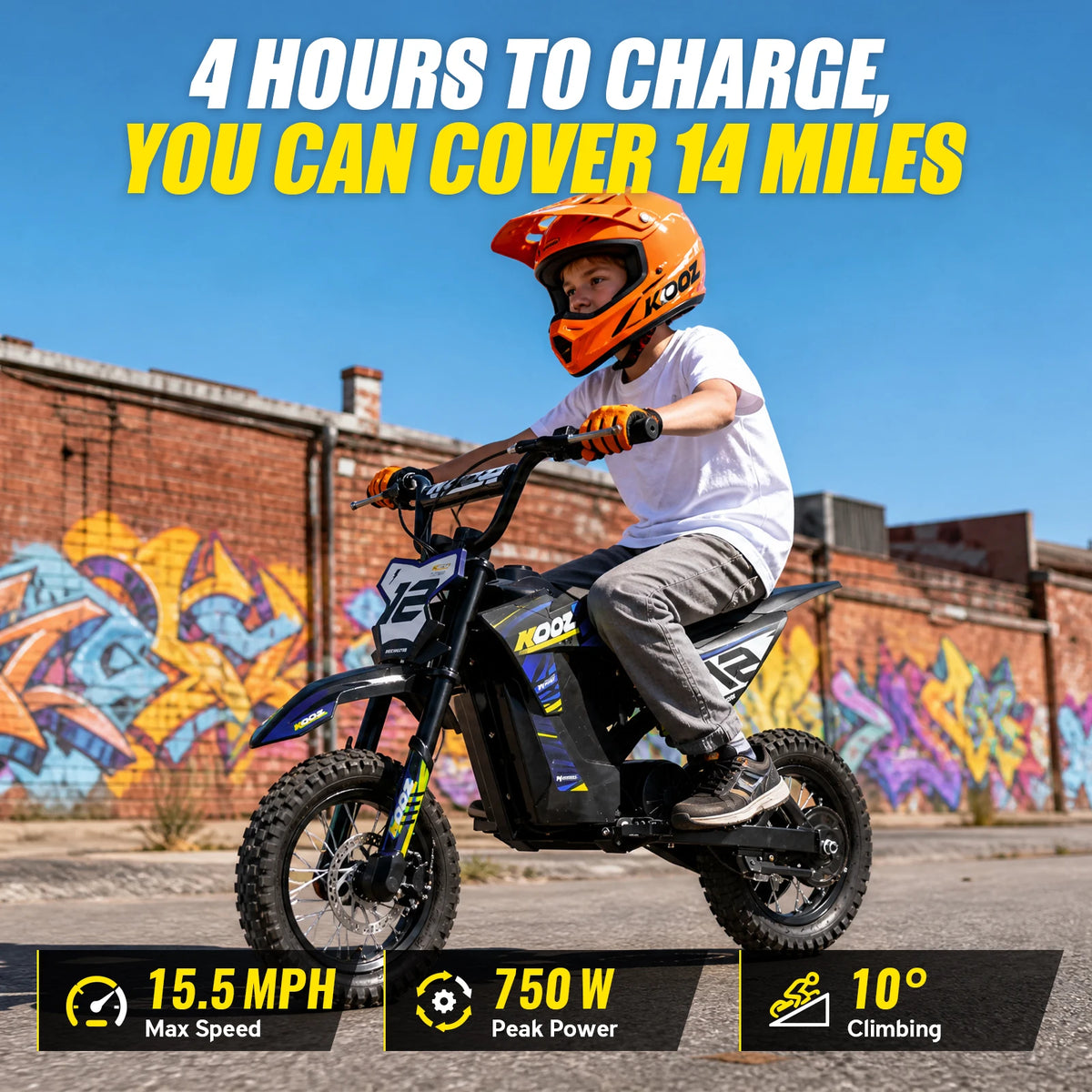 KOOZ HP122E Kids Electric Dirt Bike 36V 750W Peak Power Motorcycle For 4-8 Years UL2272 SGS Certified Max 15.5MPH 3 Speed Modes 14Miles Range Shock Absorber Rear Brake Kids Gift