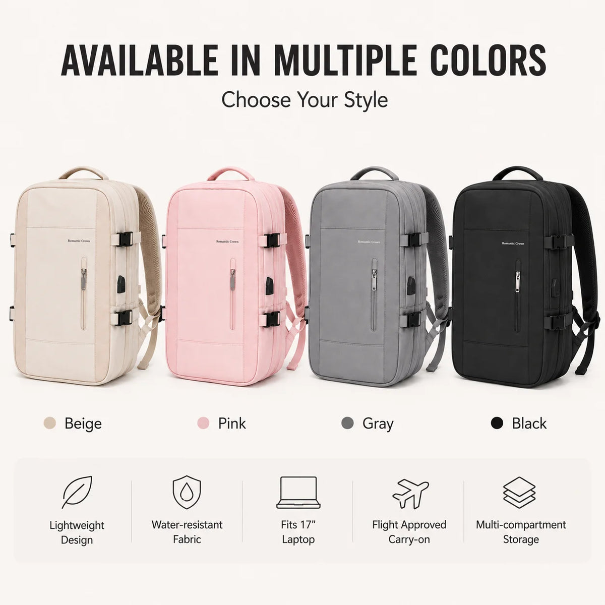 Black Romantic Crown Expandable Rucksack for Women,17.3 Inch Laptop Travel Carry‑On Backpack With USB Port Anti‑Theft Water‑Repellent Weekender Business Bag