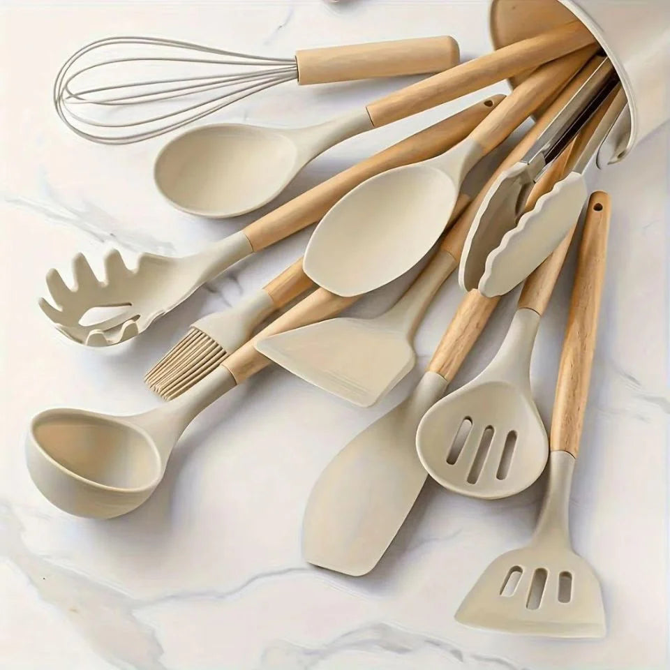 Silicone Cooking Utensils Set Heat Resistant BPA-Free Kitchen Utensil Set with Wooden Handle for Nonstick Cookware Best Choice 2026