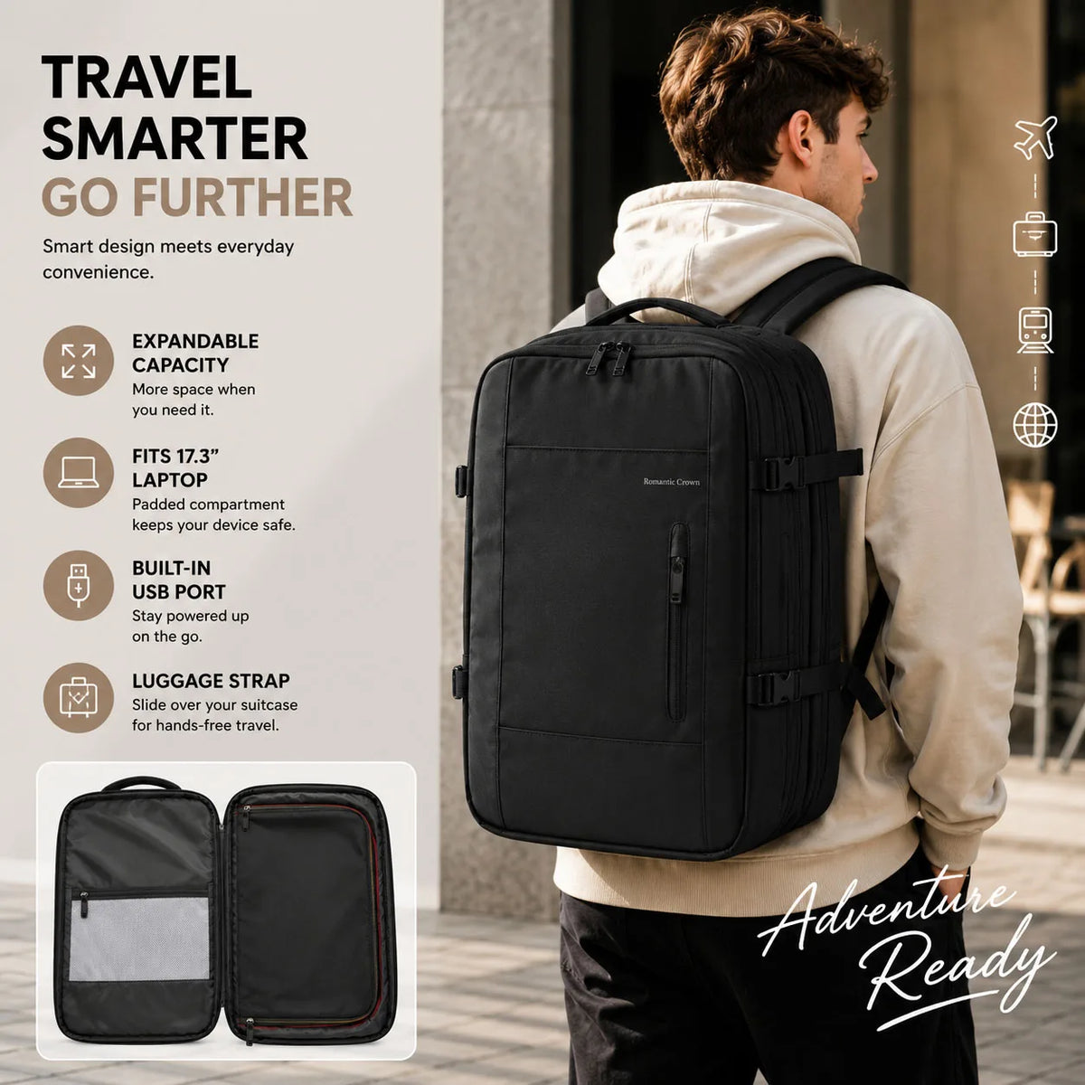 Black Romantic Crown Expandable Rucksack for Women,17.3 Inch Laptop Travel Carry‑On Backpack With USB Port Anti‑Theft Water‑Repellent Weekender Business Bag