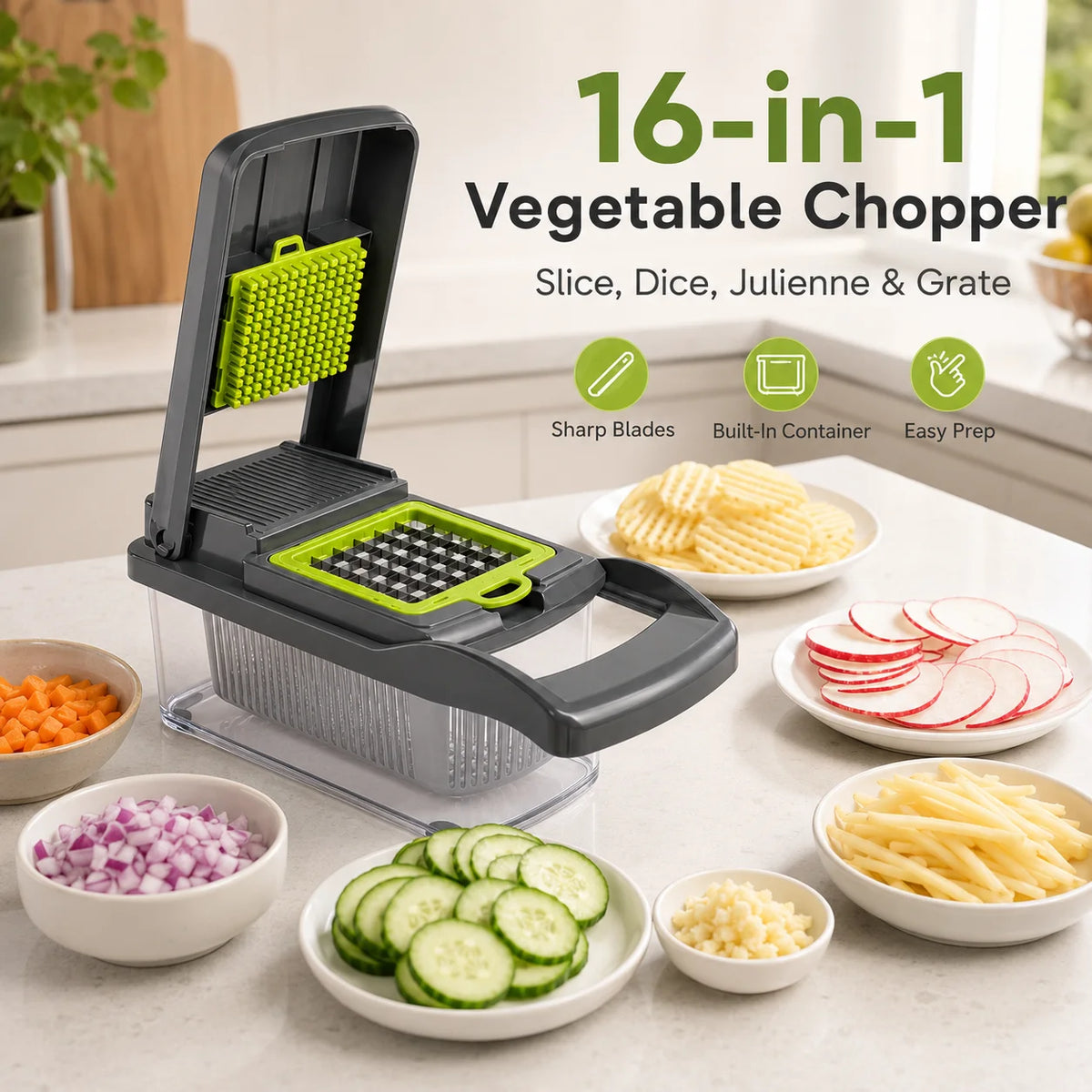 16-in-1 Vegetable Chopper with Container, Onion Dicer Slicer Grater, Multifunction Kitchen Food Cutter, US Stock Fast Delivery