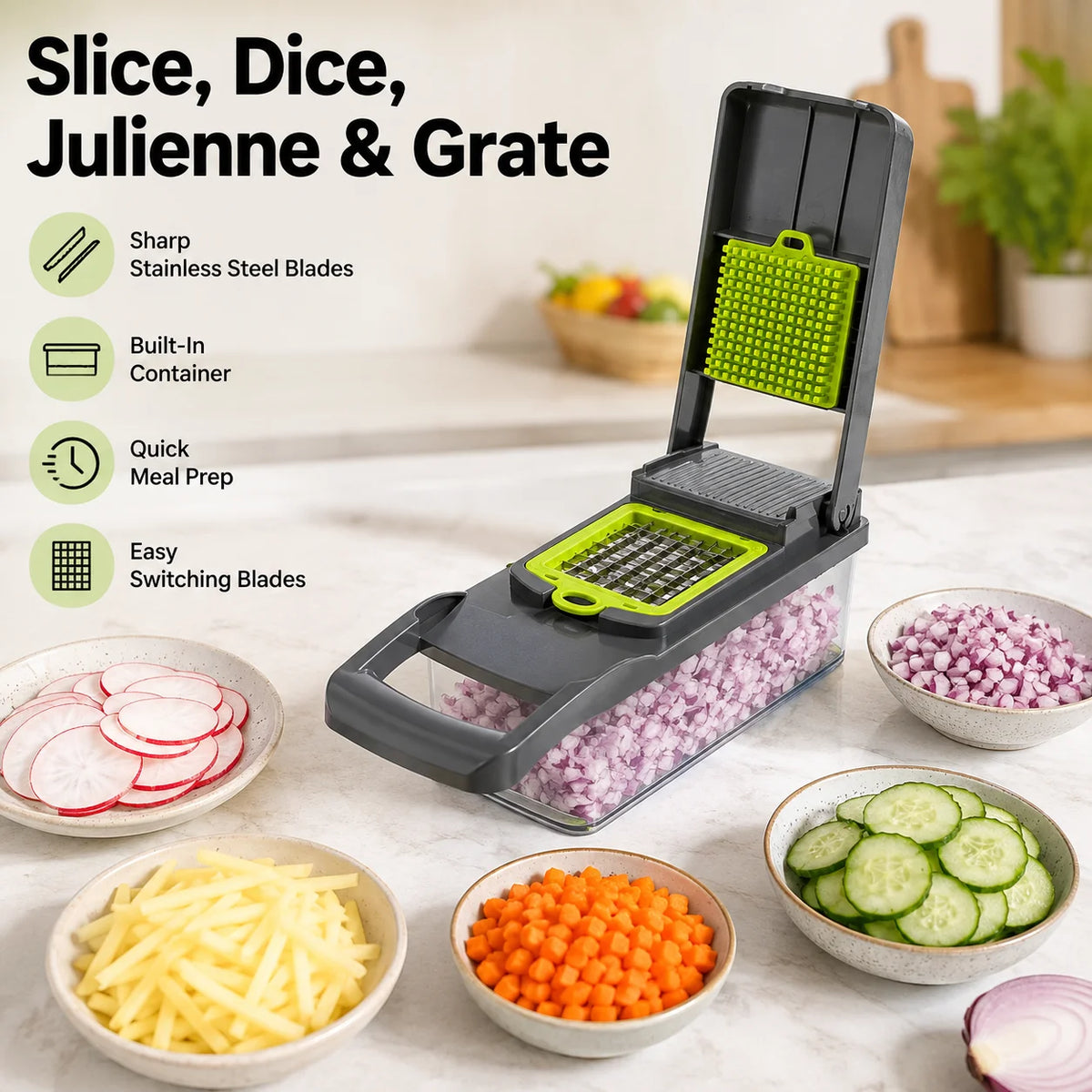 16-in-1 Vegetable Chopper with Container, Onion Dicer Slicer Grater, Multifunction Kitchen Food Cutter, US Stock Fast Delivery