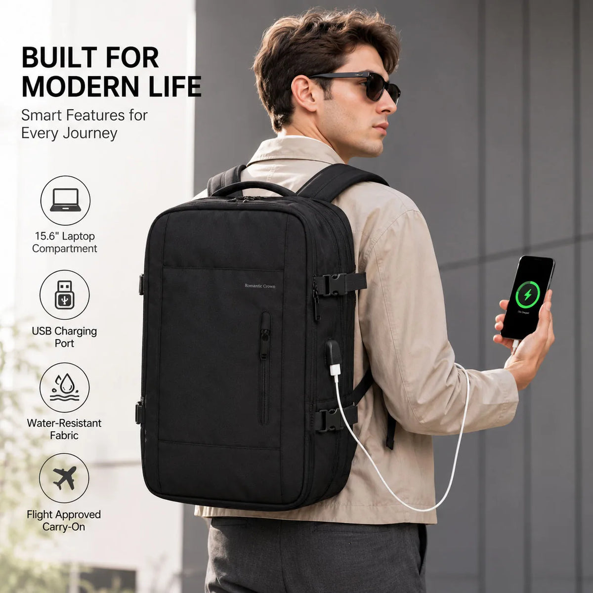 Black Romantic Crown Expandable Rucksack for Women,17.3 Inch Laptop Travel Carry‑On Backpack With USB Port Anti‑Theft Water‑Repellent Weekender Business Bag