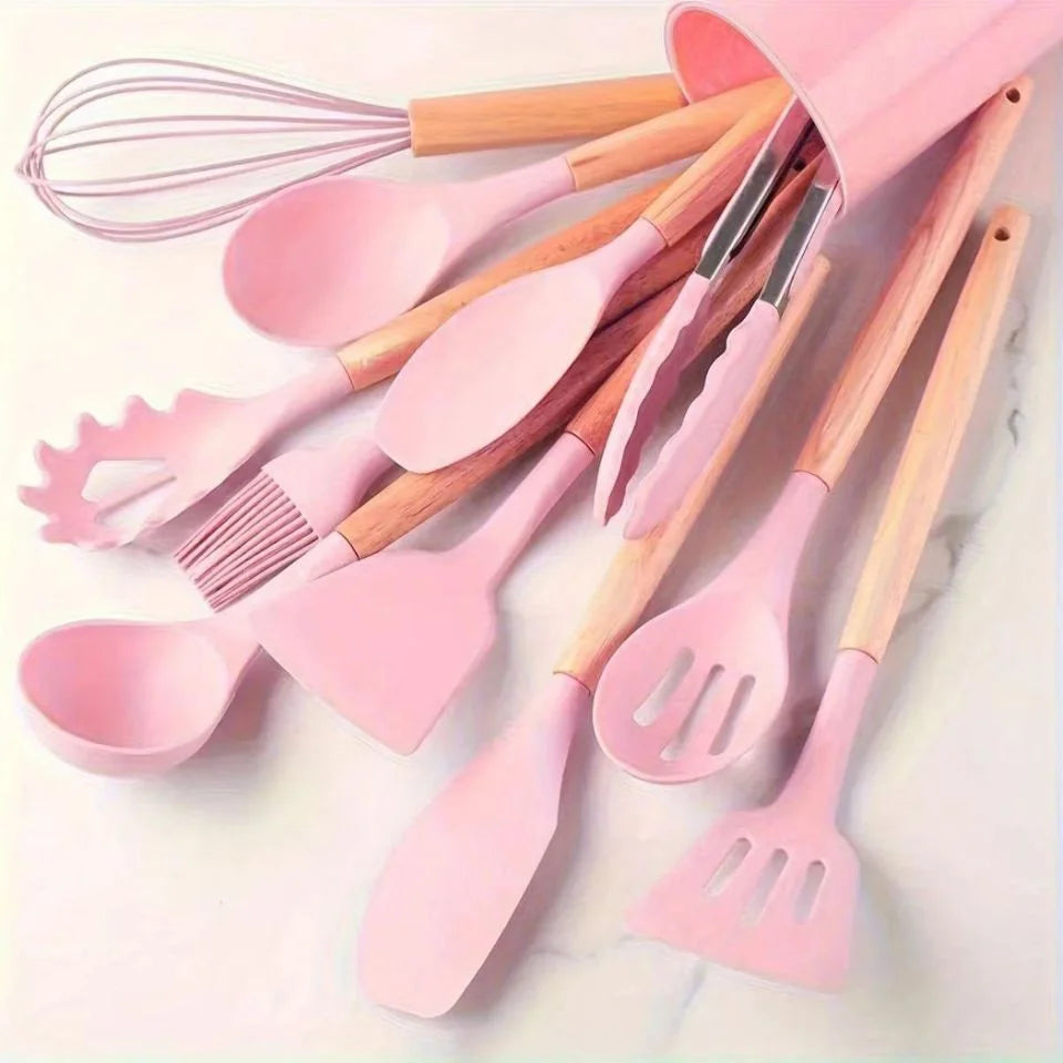 Silicone Cooking Utensils Set Heat Resistant BPA-Free Kitchen Utensil Set with Wooden Handle for Nonstick Cookware Best Choice 2026