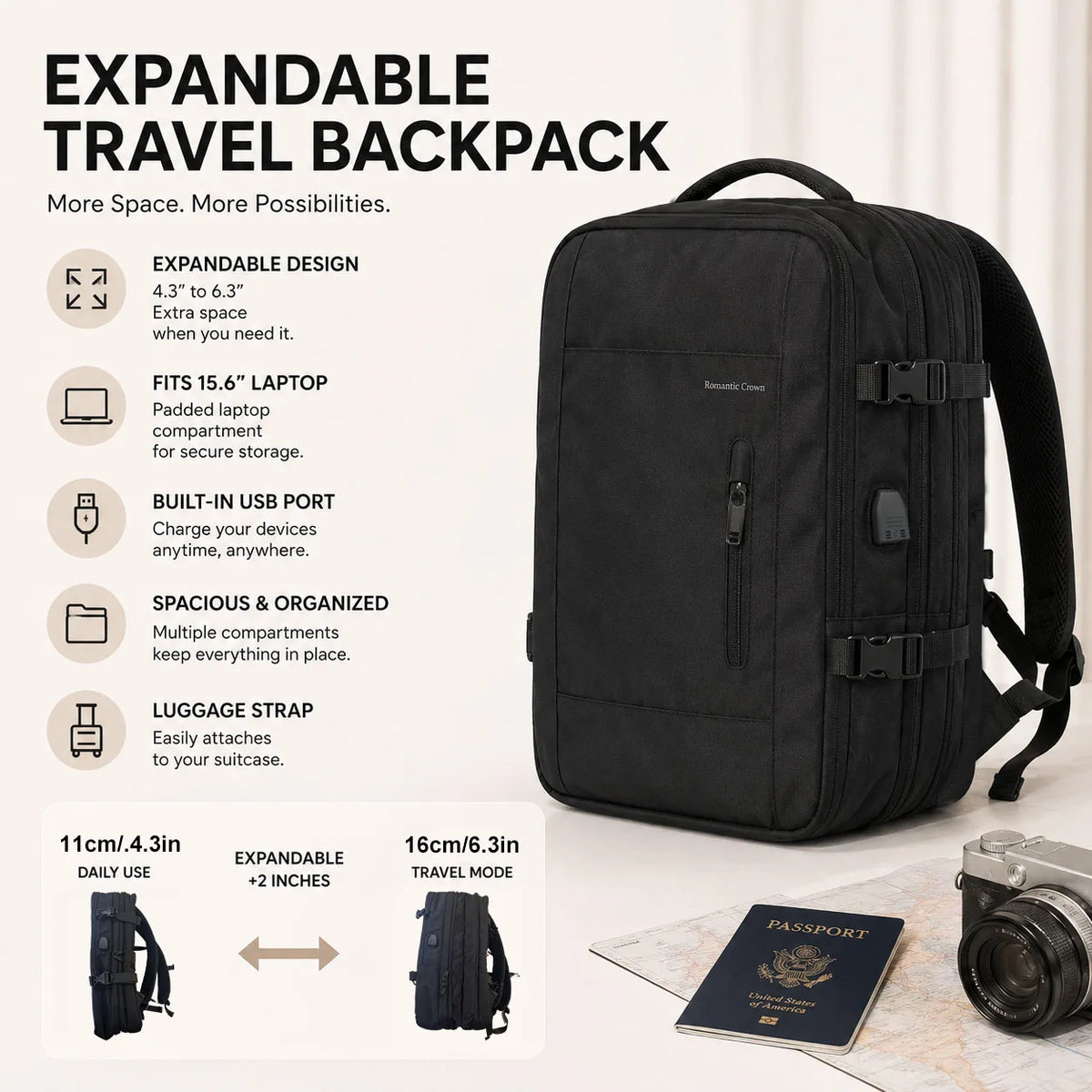 Black Romantic Crown Expandable Rucksack for Women,17.3 Inch Laptop Travel Carry‑On Backpack With USB Port Anti‑Theft Water‑Repellent Weekender Business Bag