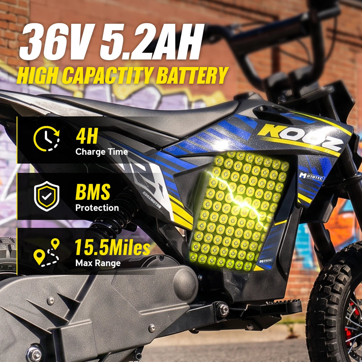 KOOZ HP122E Kids Electric Dirt Bike 36V 750W Peak Power Motorcycle For 4-8 Years UL2272 SGS Certified Max 15.5MPH 3 Speed Modes 14Miles Range Shock Absorber Rear Brake Kids Gift