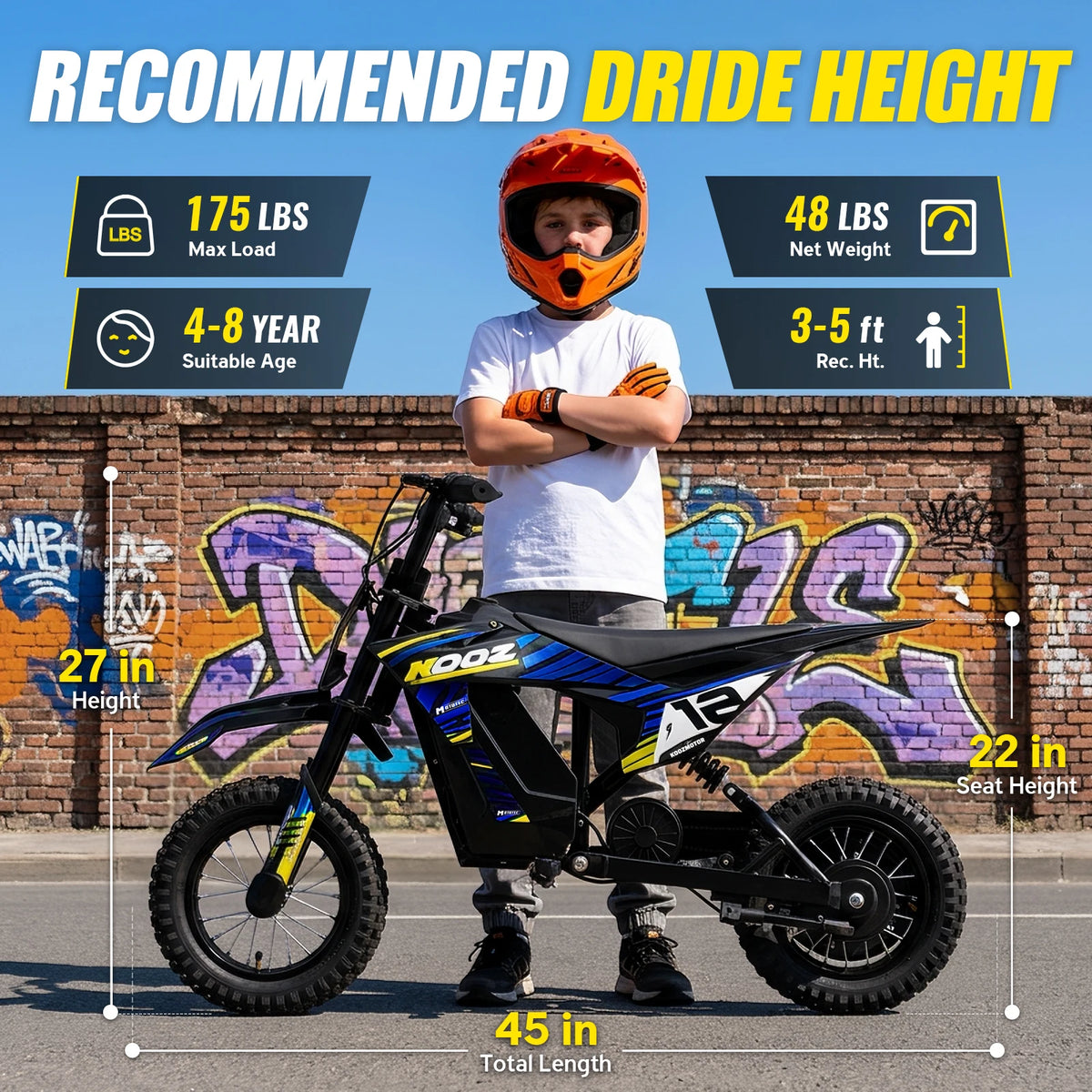 KOOZ HP122E Kids Electric Dirt Bike 36V 750W Peak Power Motorcycle For 4-8 Years UL2272 SGS Certified Max 15.5MPH 3 Speed Modes 14Miles Range Shock Absorber Rear Brake Kids Gift