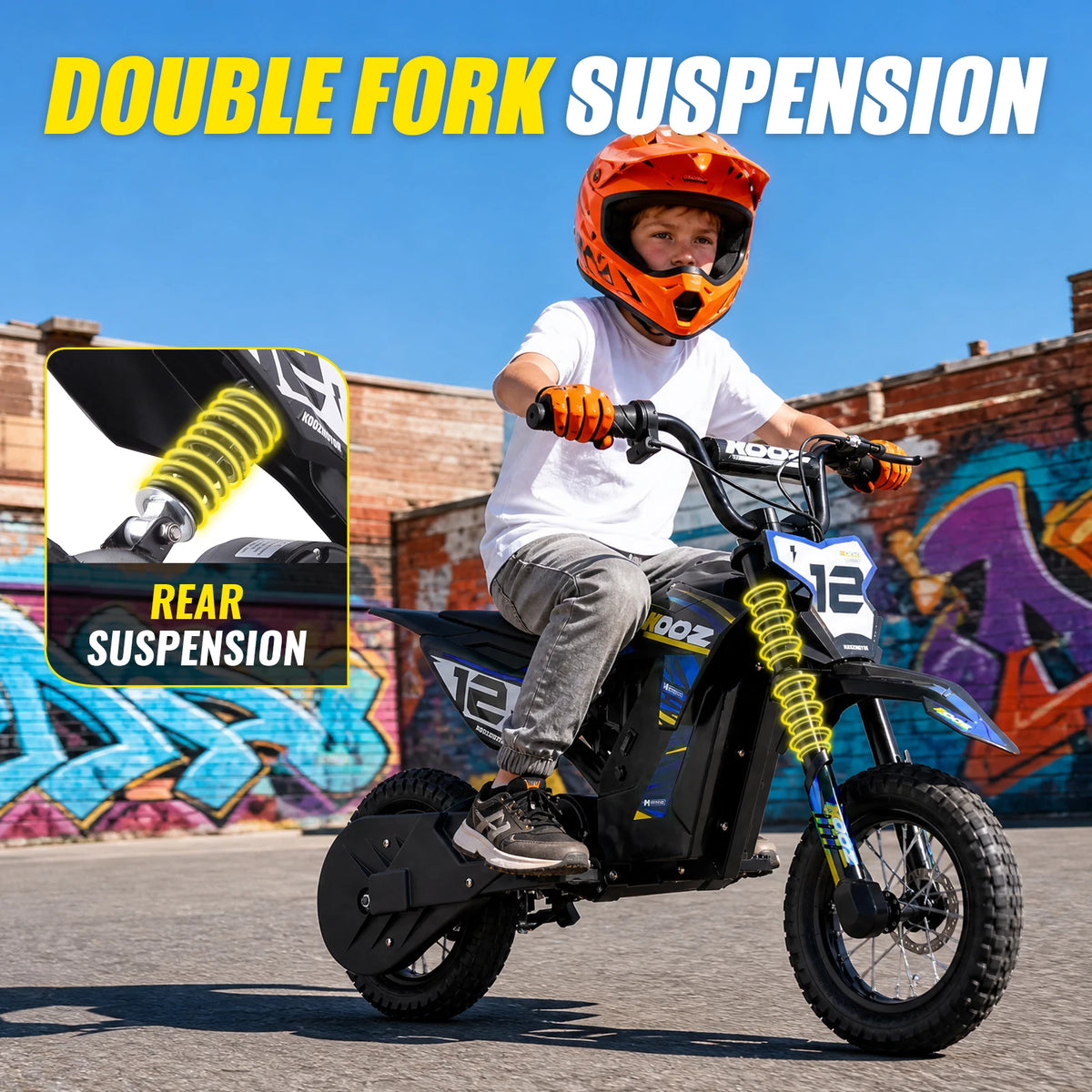 KOOZ HP122E Kids Electric Dirt Bike 36V 750W Peak Power Motorcycle For 4-8 Years UL2272 SGS Certified Max 15.5MPH 3 Speed Modes 14Miles Range Shock Absorber Rear Brake Kids Gift
