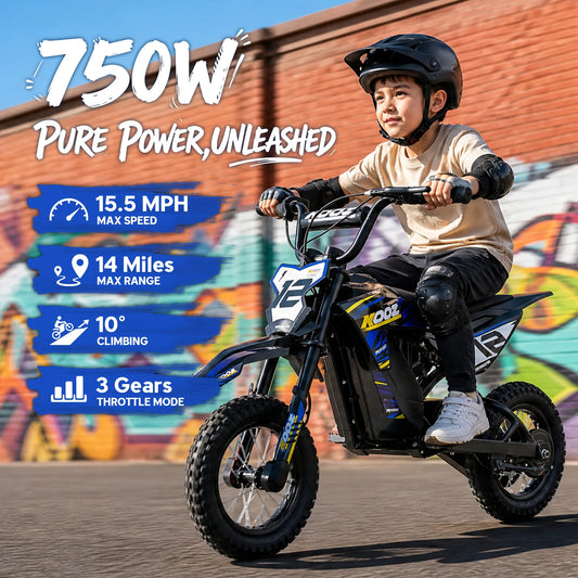 KOOZ HP122E Kids Electric Dirt Bike 36V 750W Peak Power Motorcycle For 4-8 Years UL2272 SGS Certified Max 15.5MPH 3 Speed Modes 14Miles Range Shock Absorber Rear Brake Kids Gift