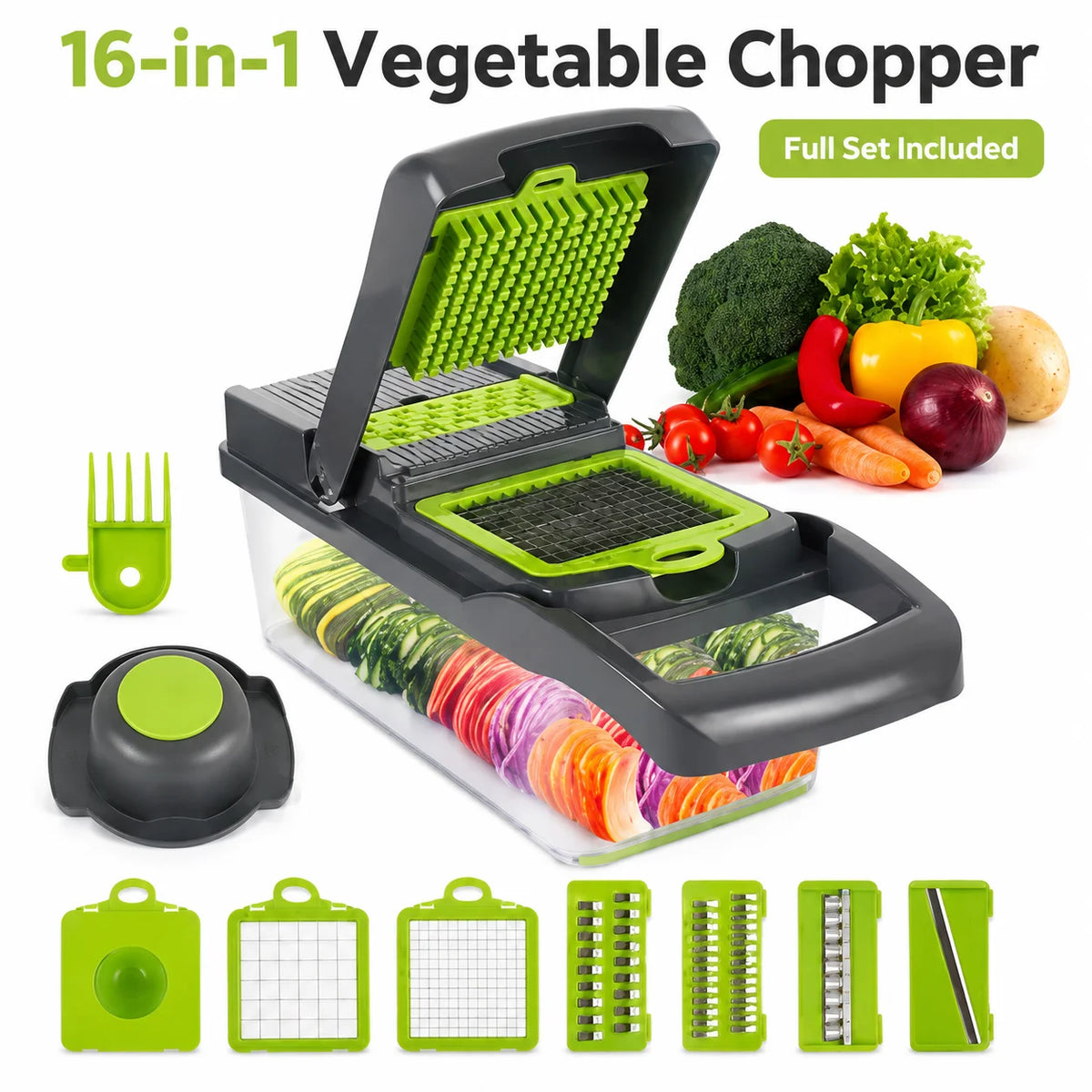 16-in-1 Vegetable Chopper with Container, Onion Dicer Slicer Grater, Multifunction Kitchen Food Cutter, US Stock Fast Delivery