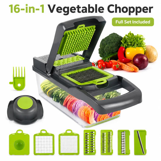 16-in-1 Vegetable Chopper with Container, Onion Dicer Slicer Grater, Multifunction Kitchen Food Cutter, US Stock Fast Delivery