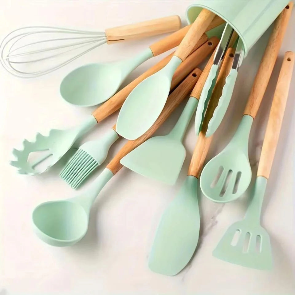 Silicone Cooking Utensils Set Heat Resistant BPA-Free Kitchen Utensil Set with Wooden Handle for Nonstick Cookware Best Choice 2026