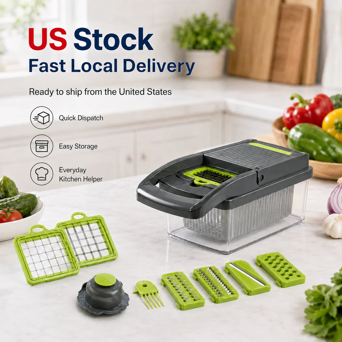 16-in-1 Vegetable Chopper with Container, Onion Dicer Slicer Grater, Multifunction Kitchen Food Cutter, US Stock Fast Delivery