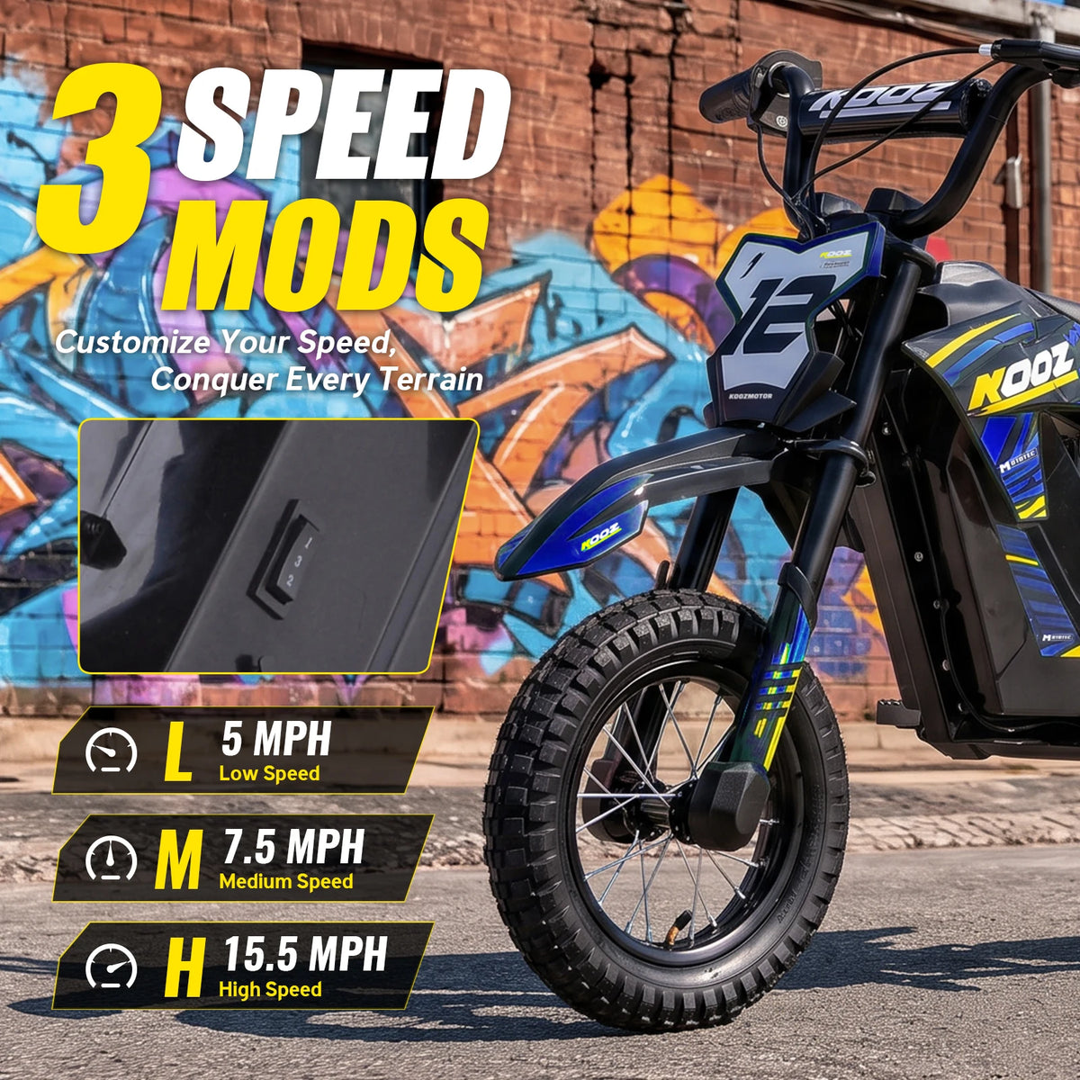 KOOZ HP122E Kids Electric Dirt Bike 36V 750W Peak Power Motorcycle For 4-8 Years UL2272 SGS Certified Max 15.5MPH 3 Speed Modes 14Miles Range Shock Absorber Rear Brake Kids Gift