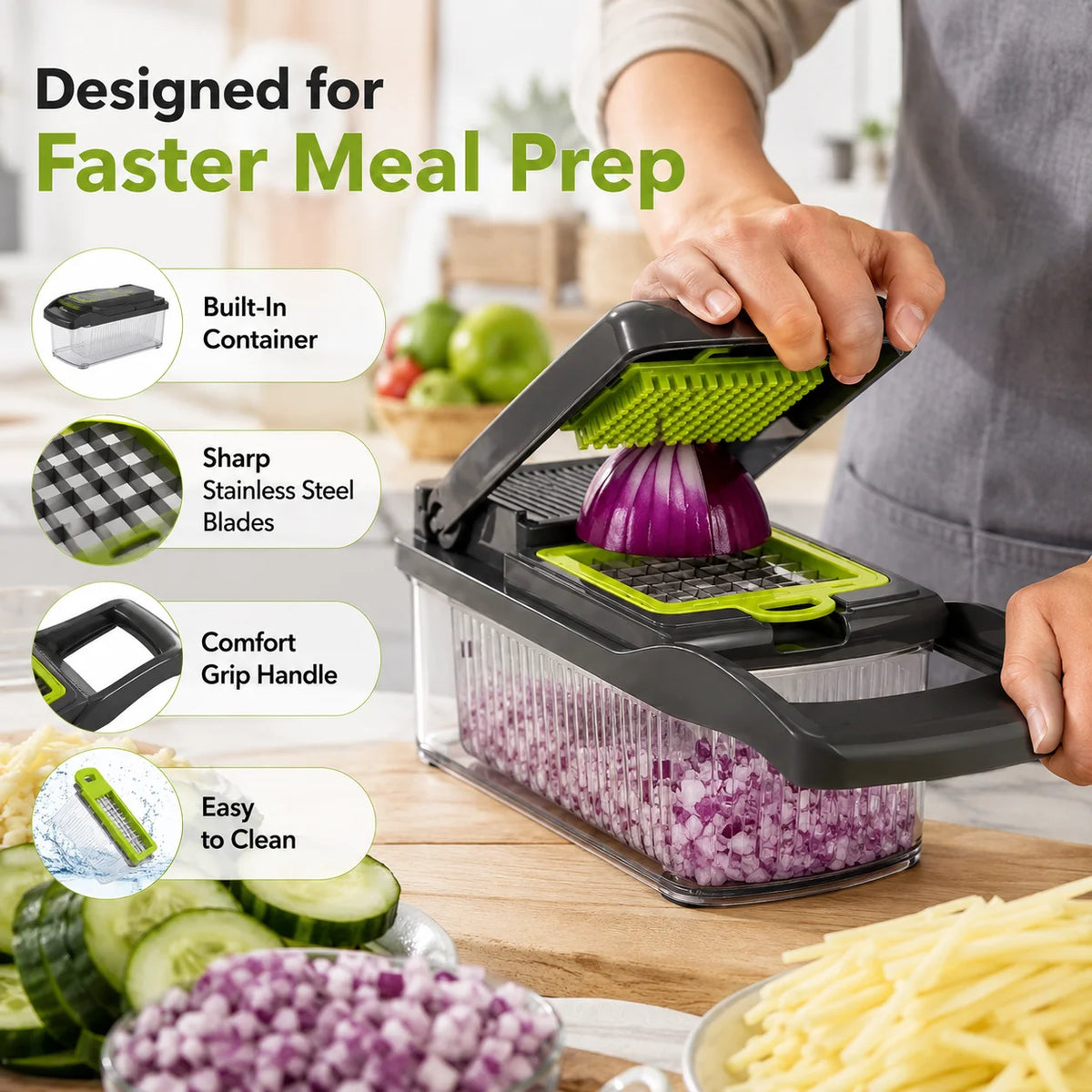 16-in-1 Vegetable Chopper with Container, Onion Dicer Slicer Grater, Multifunction Kitchen Food Cutter, US Stock Fast Delivery