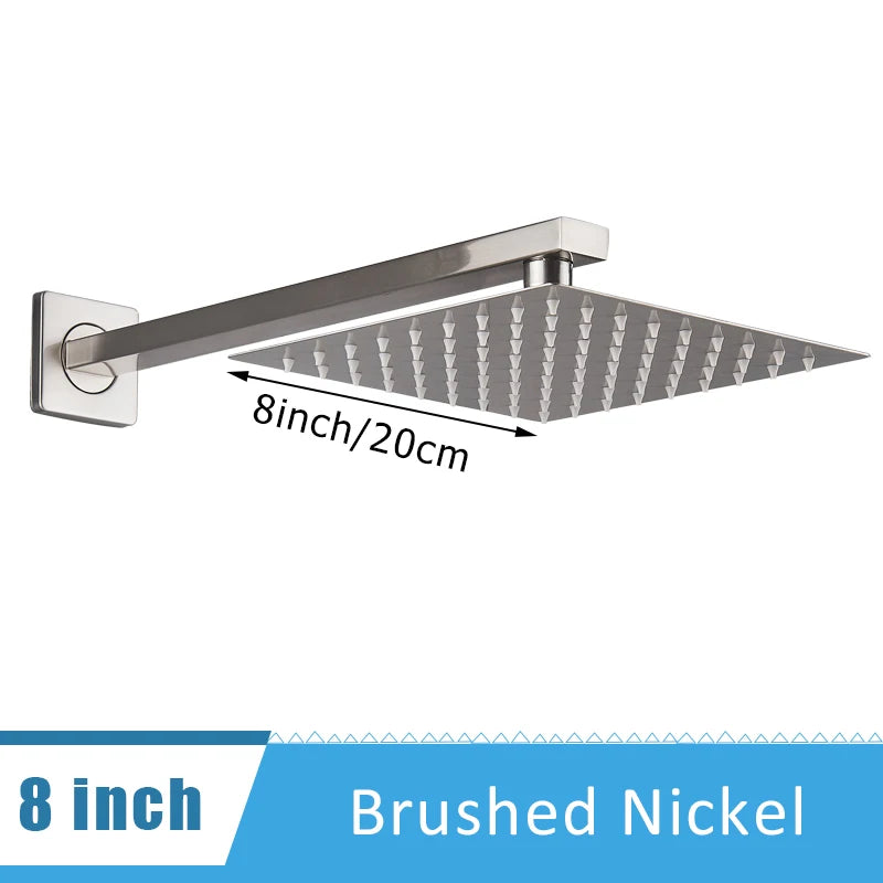 Shinesia Chrome Ultrathin Bath 8''10''12" Rainfall Shower Head with Shower Arm Stainless Steel Bathroom Accessory