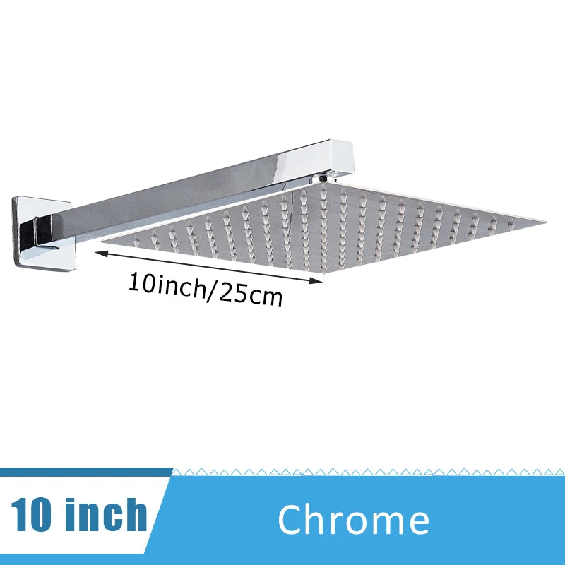 Shinesia Chrome Ultrathin Bath 8''10''12" Rainfall Shower Head with Shower Arm Stainless Steel Bathroom Accessory