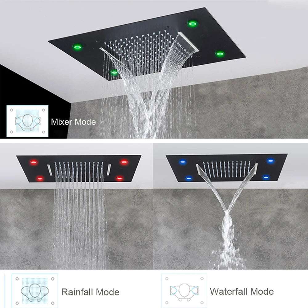 Black Embedded Ceiling Shower Head Intelligent Remote Control LED Rainfall Shower Set High Flow Waterfall Concealed Tap