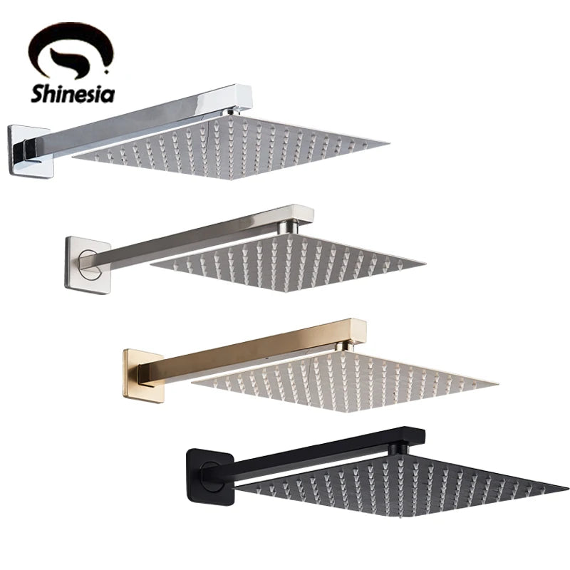 Shinesia Chrome Ultrathin Bath 8''10''12" Rainfall Shower Head with Shower Arm Stainless Steel Bathroom Accessory