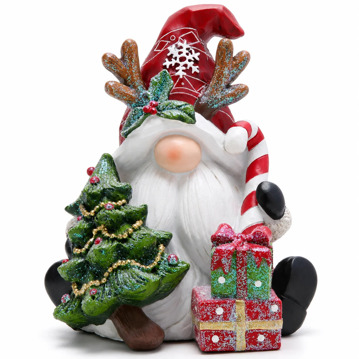 Hodao Resin Christmas Gnome Figurine, 6.1" Santa Gnome with Red Snowflake Hat, Reindeer Antlers, Christmas Tree, Gift Boxes and Candy Cane, Festive Holiday Tabletop Decor, Shelf Sitter Ornament for Mantel, Fireplace, Entryway