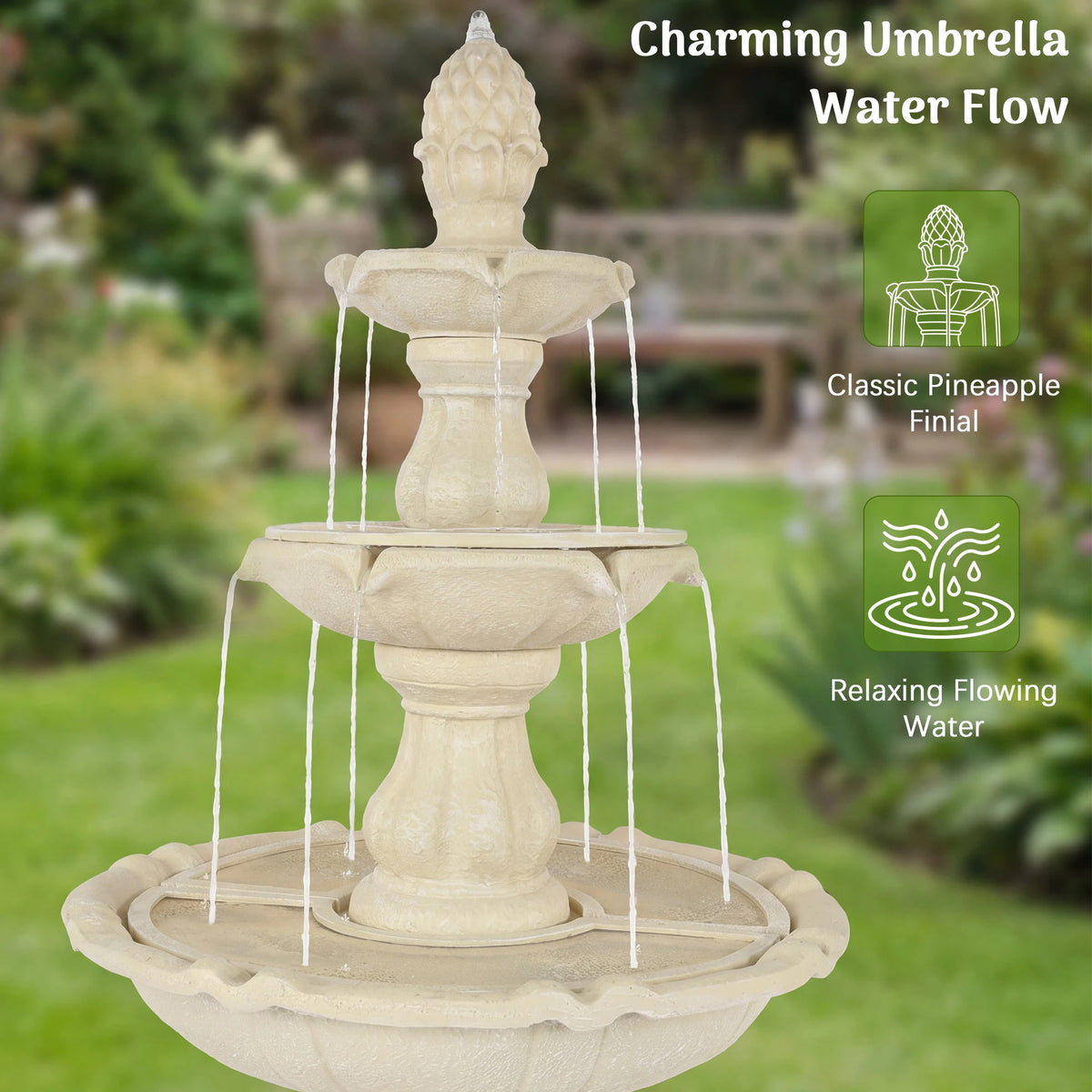 Solar Powered 3 Tier Outdoor Water Fountain With Pineapple Finial