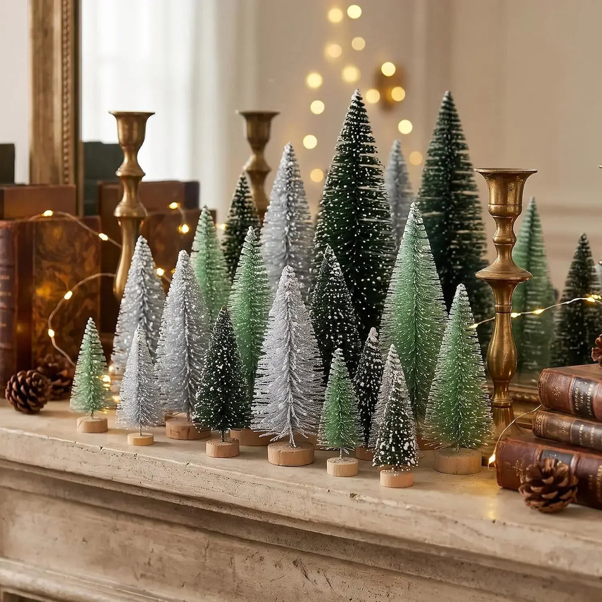 30pcs Mini Christmas Trees Artificial Christmas Tree Bottle Brush Trees with Wooden Base for Christmas Decor Party Home Table Craft Decorations (Silver,Green)