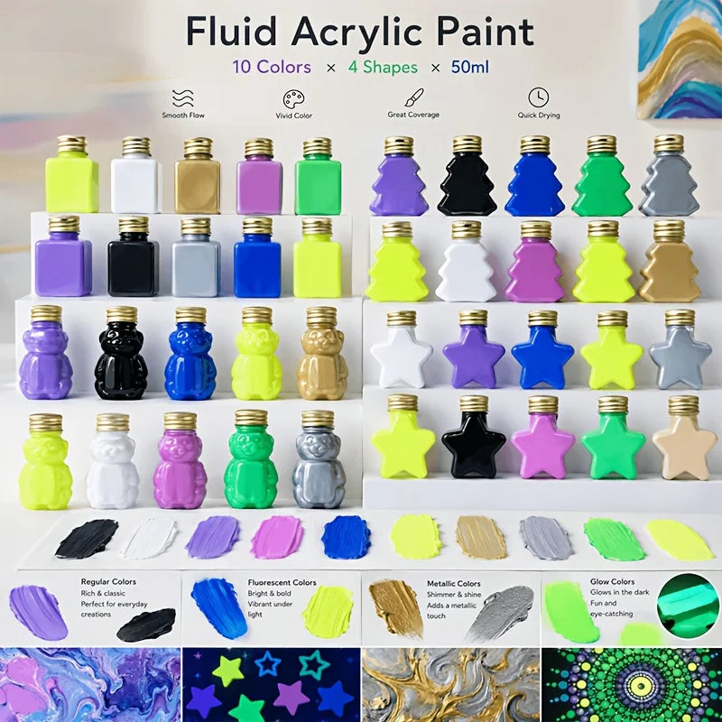 10‑Color 50ml/1.69oz Fluid Acrylic Paint Set, 4 Standard +2 Neon +2 Metallic +2 Glow‑in‑Dark. Colors: Black, White, Violet, Rose Red, Neon Blue, Neon Yellow, Gold, Silver, Glow Green, Glow Yellow. 4 novelty shaped bottl