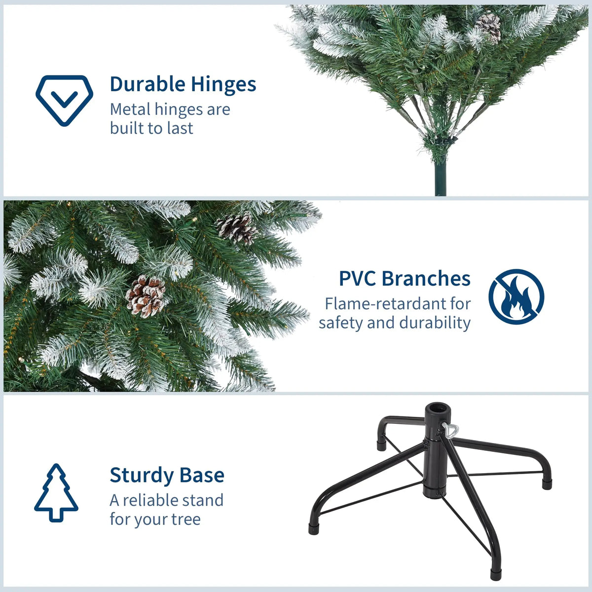 6FT Pre‑Lit Artificial Pine Christmas Tree with Pine Cones, 250 LEDs 748 Tips Hinged Stand PVC Holiday Tree for Home Office Party Decor