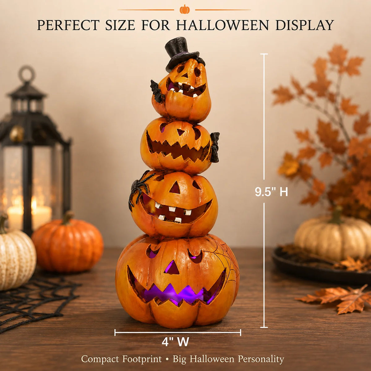 Hodao Resin Halloween Light-Up Stacked Pumpkin Figurine, 4-Tier Jack-O-Lantern Tower with Black Top Hat, Bats, Spider and Web, Glowing Hand-Painted Tabletop Decor for Mantel, Shelf, Fireplace, Entryway, Spooky Party and Haunt