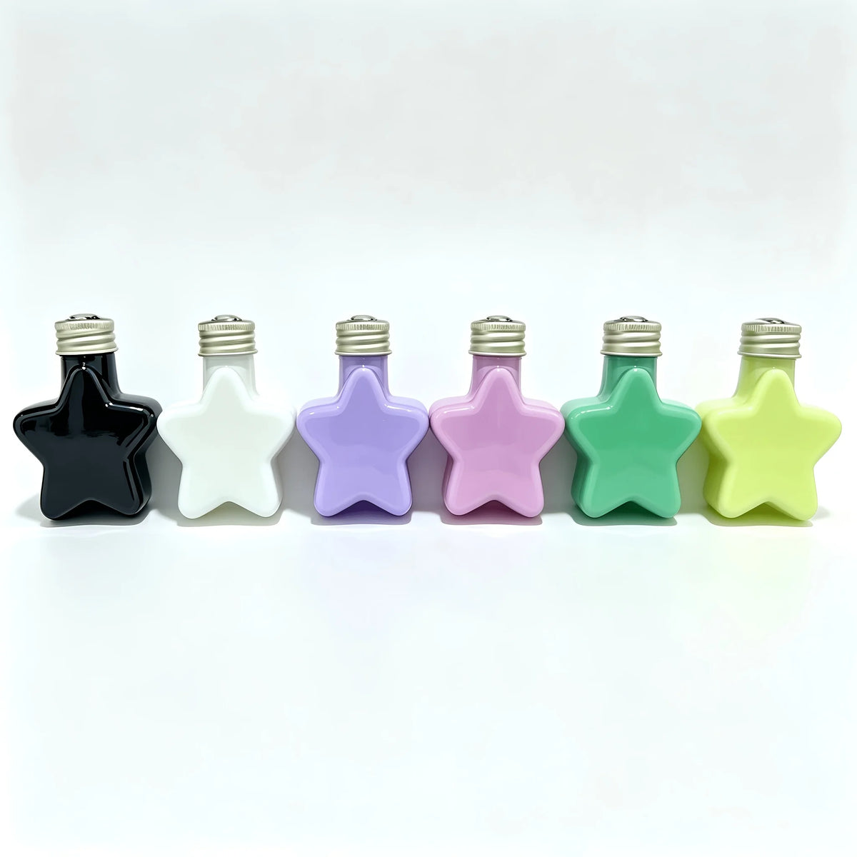 6‑Color 50ml/1.69oz Fluid Acrylic Paint Set, 2 Glow‑in‑Dark + 4 Standard,  Glow Green, Glow Yellow, Black, White, Violet, Rose Red. 4 unique shaped bottles. Pre‑mixed for smooth flow, high color saturation.