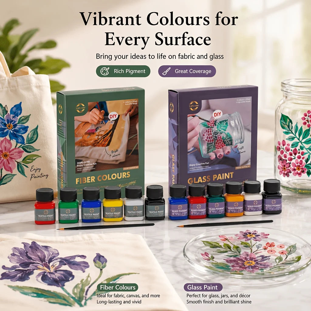 6 Color 30ml/1.01oz Hand Painting Paint Kit. Fabric Paint & Glass Paint. Each Kit Contains 6 Paint Bottles & 1 Outlining Brush. High Color Saturation  Strong Adhesion for Hand Painting on Fabric、 Glass. For DIY Crafters & A