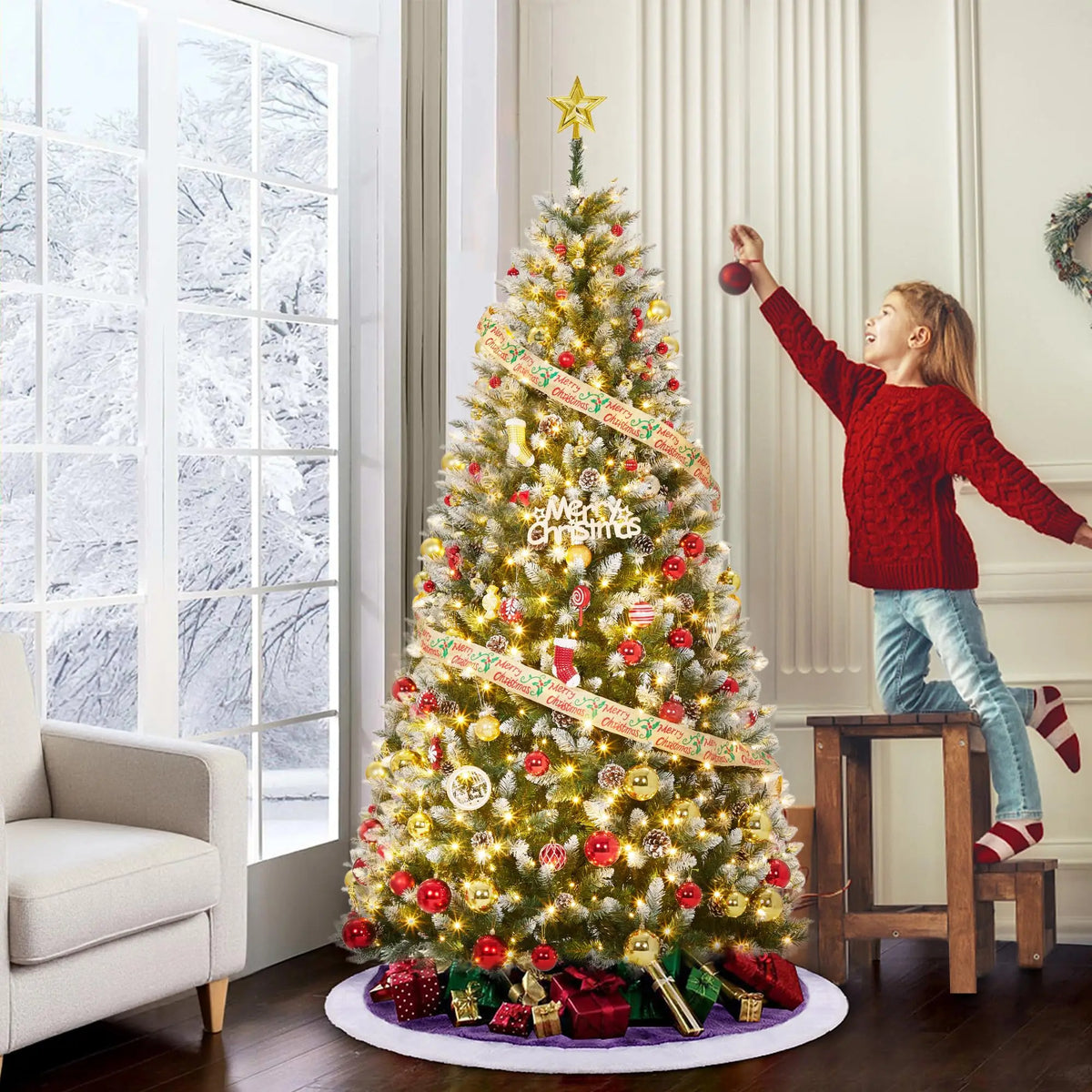 6FT Pre‑Lit Artificial Pine Christmas Tree with Pine Cones, 250 LEDs 748 Tips Hinged Stand PVC Holiday Tree for Home Office Party Decor